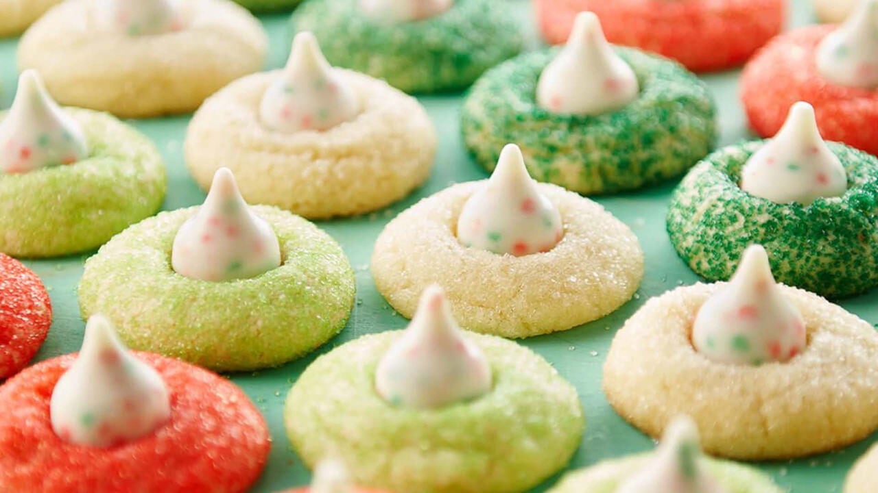 tray of freshly baked holiday sugar cookie blossoms