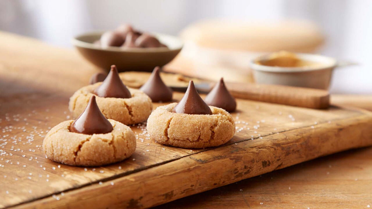 tray of freshly made peanut butter blossoms
