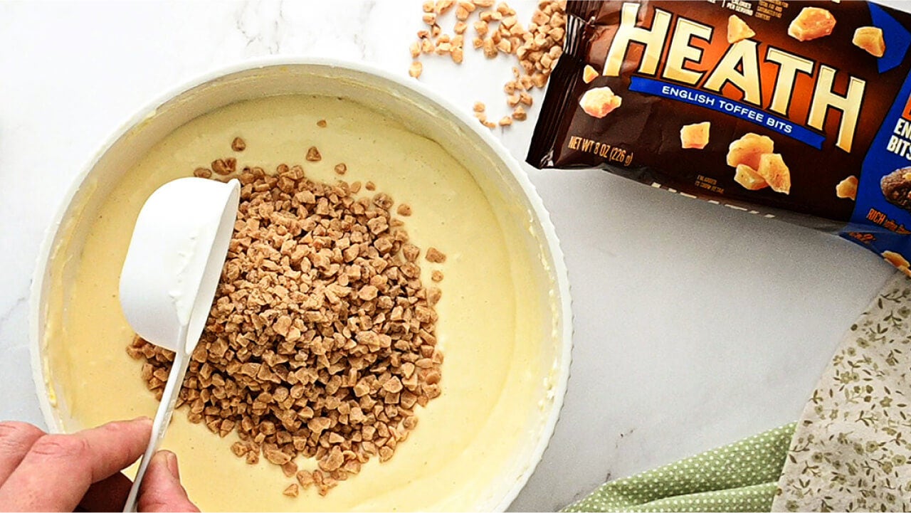 mixing bowl full of heath english toffee bits