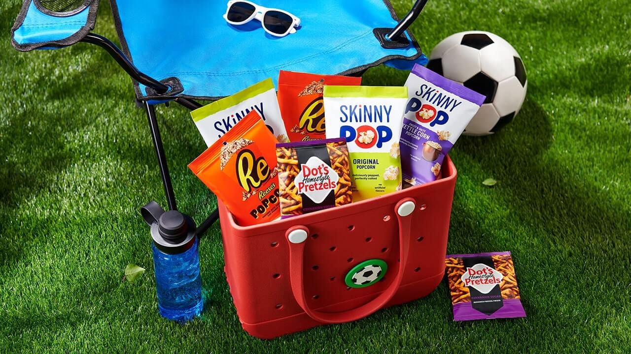 bag of hersheys snacks on manicured lawn