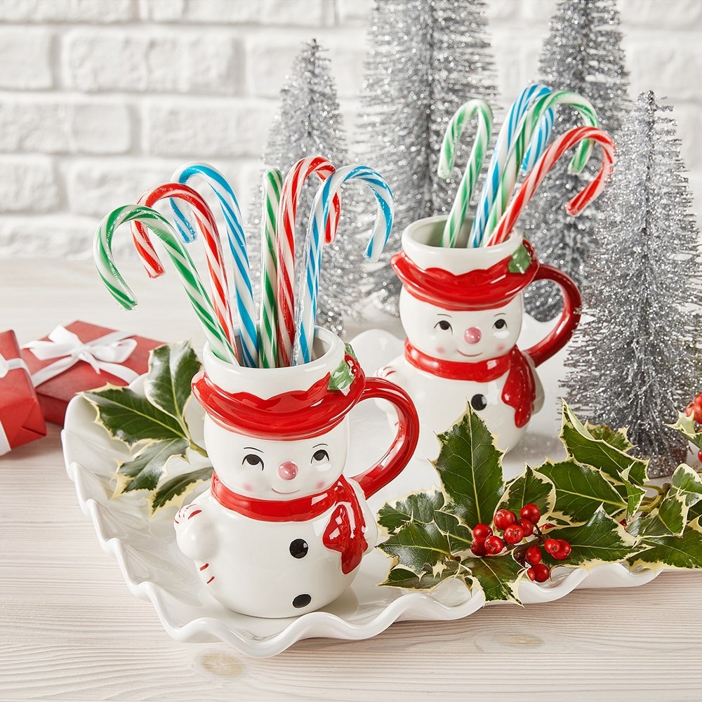snowman mugs filled with candy canes