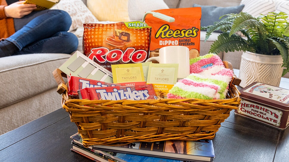 ook themed gift basket on coffee table