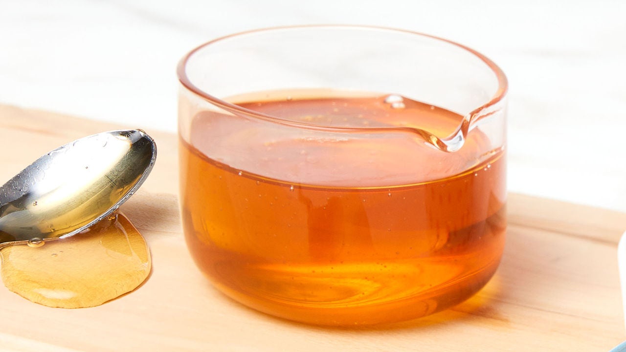 glass serving bowl of agave syrup