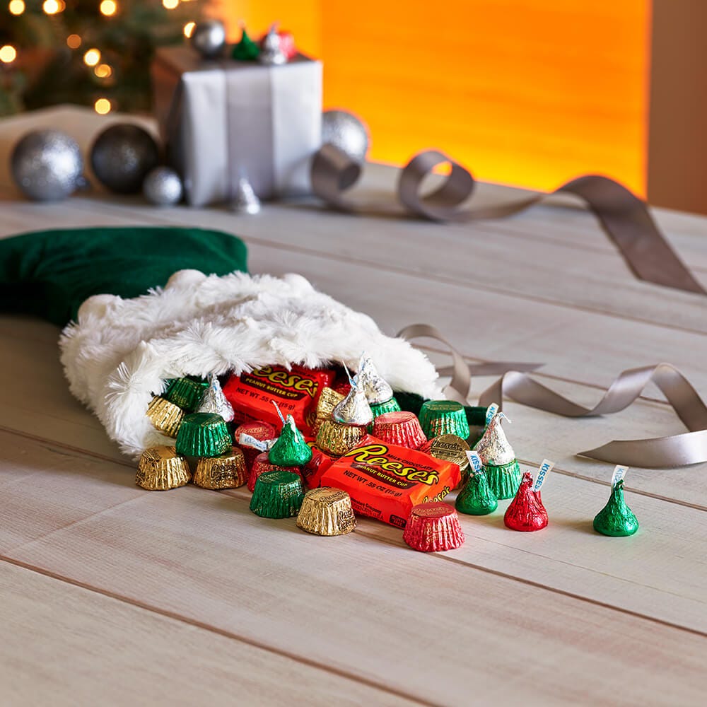 stocking filled with reeses cups and hersheys kisses