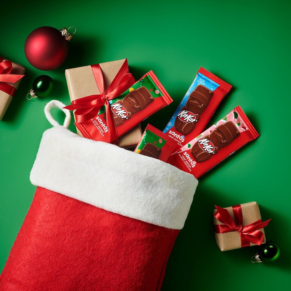 stocking filled with holiday themed kit kats