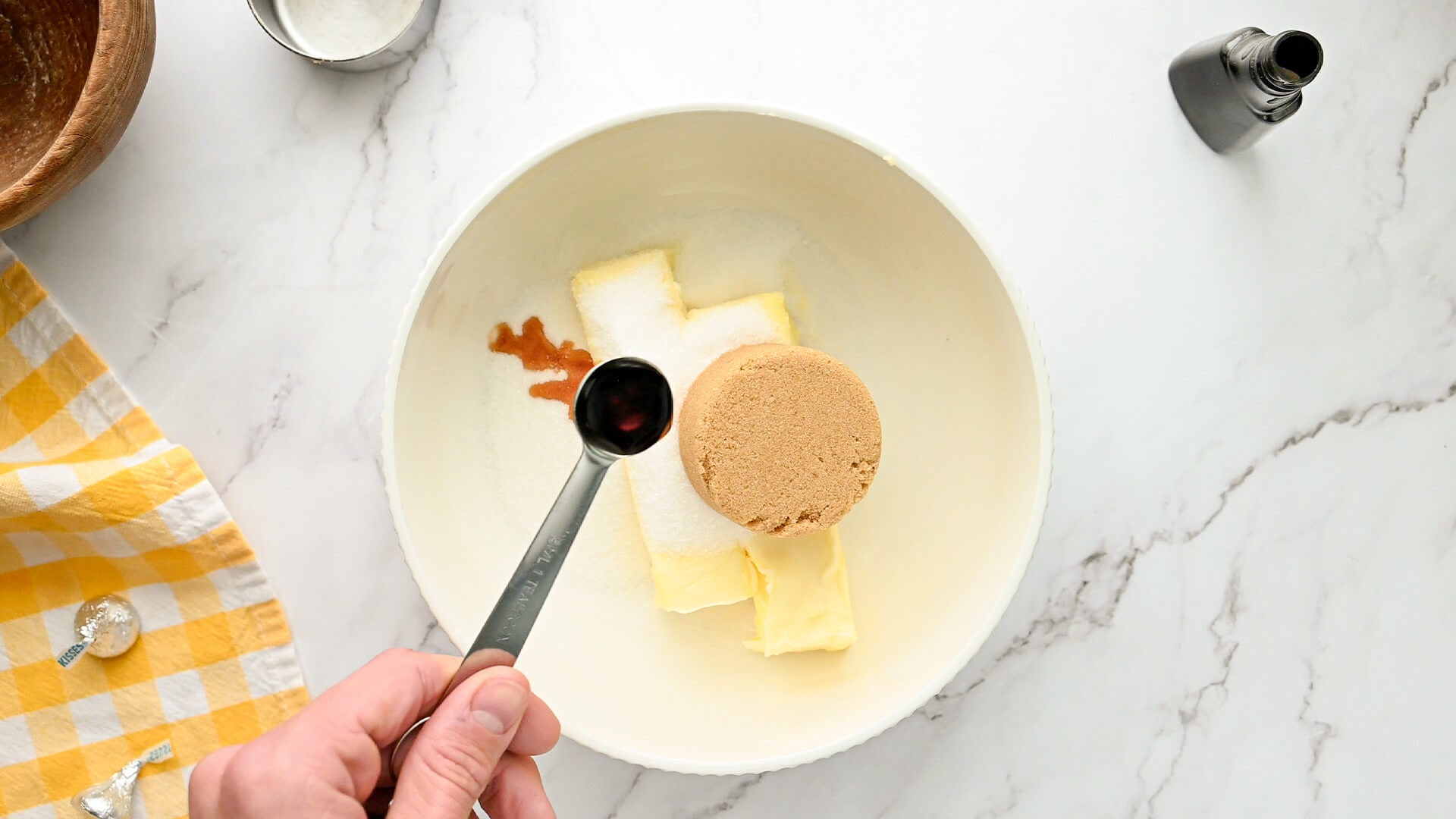 butter, vanilla extract, and brown sugar added to mixing bowl