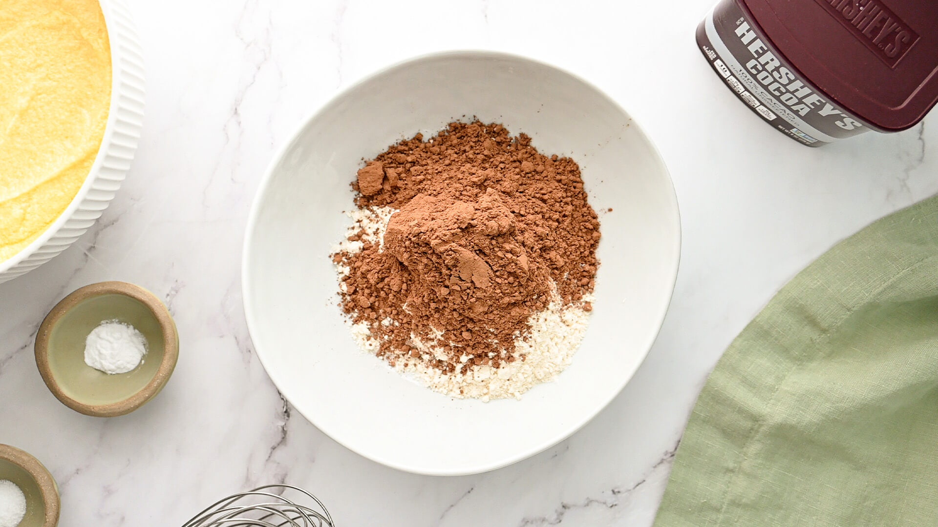 cocoa and flour in mixing bowl
