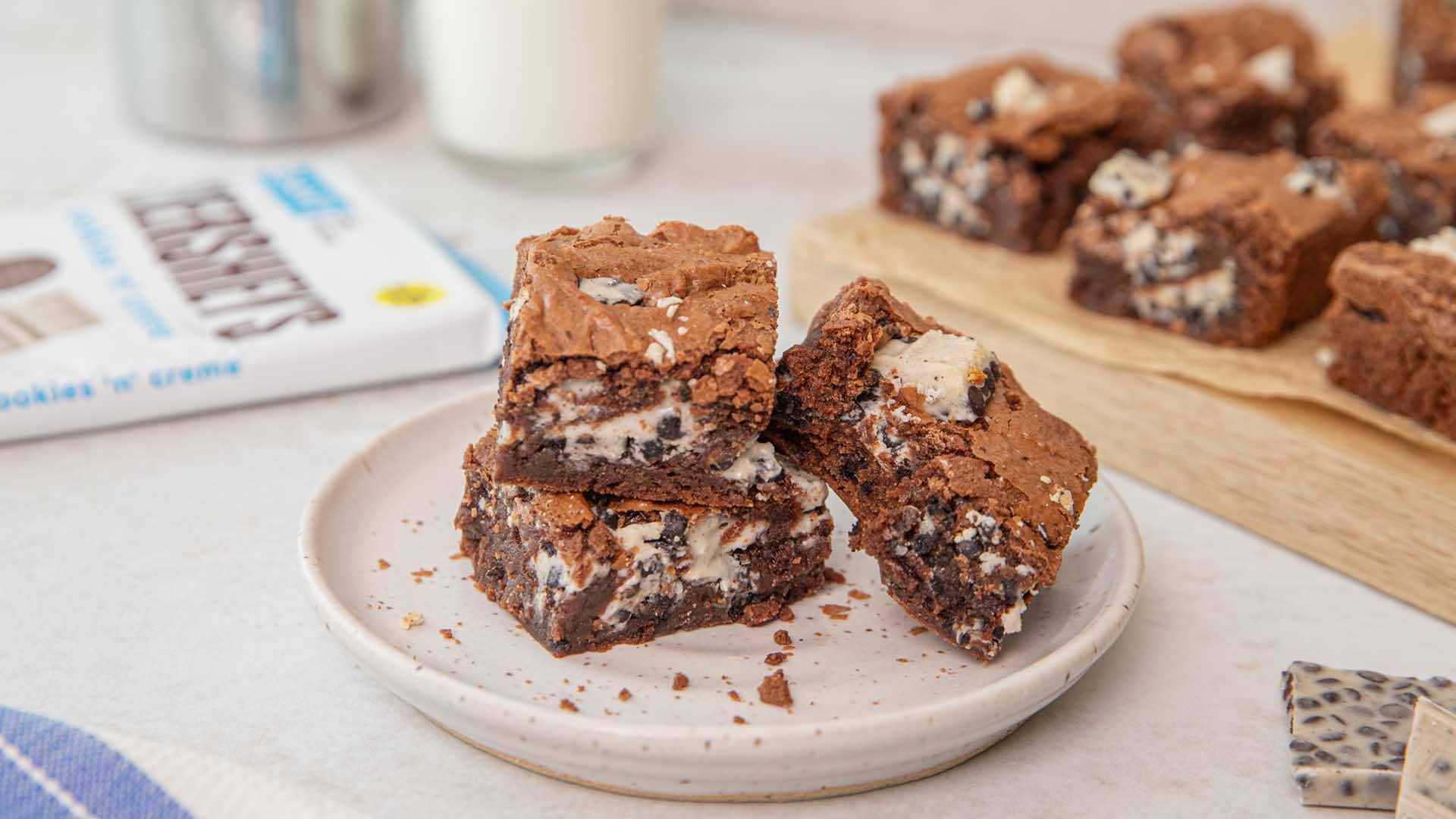 plate topped with stack of any hershey bar brownies ready to serve