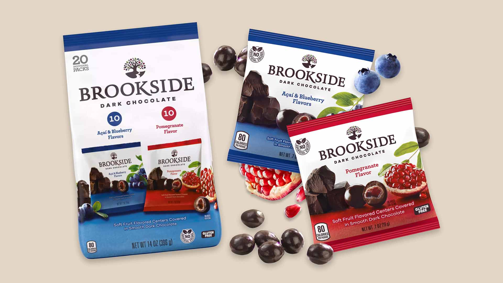 snack size bags of brookside dark chocolate pomegranate and blueberry flavors candies