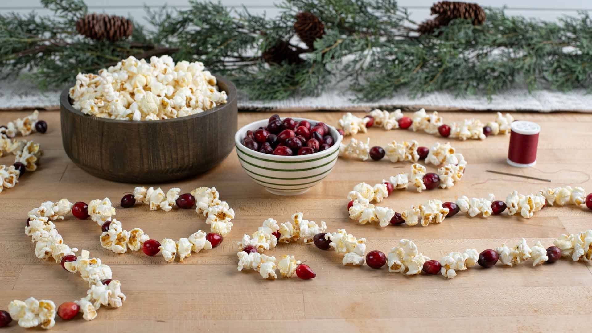 popcorn garland with a bowl of skinnypop popcorn and a bowl of cranberries in the background