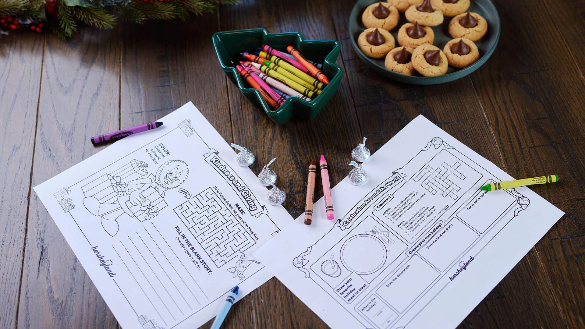 coloring pages on table decorated for the holidays
