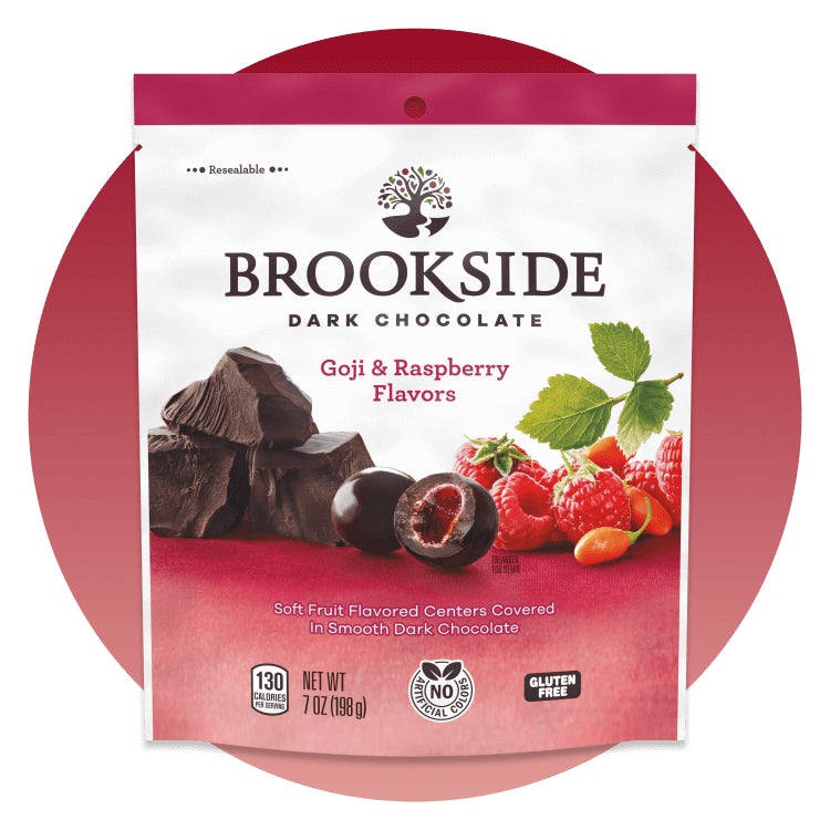 bag of brookside dark chocolate goji and raspberry flavors candy