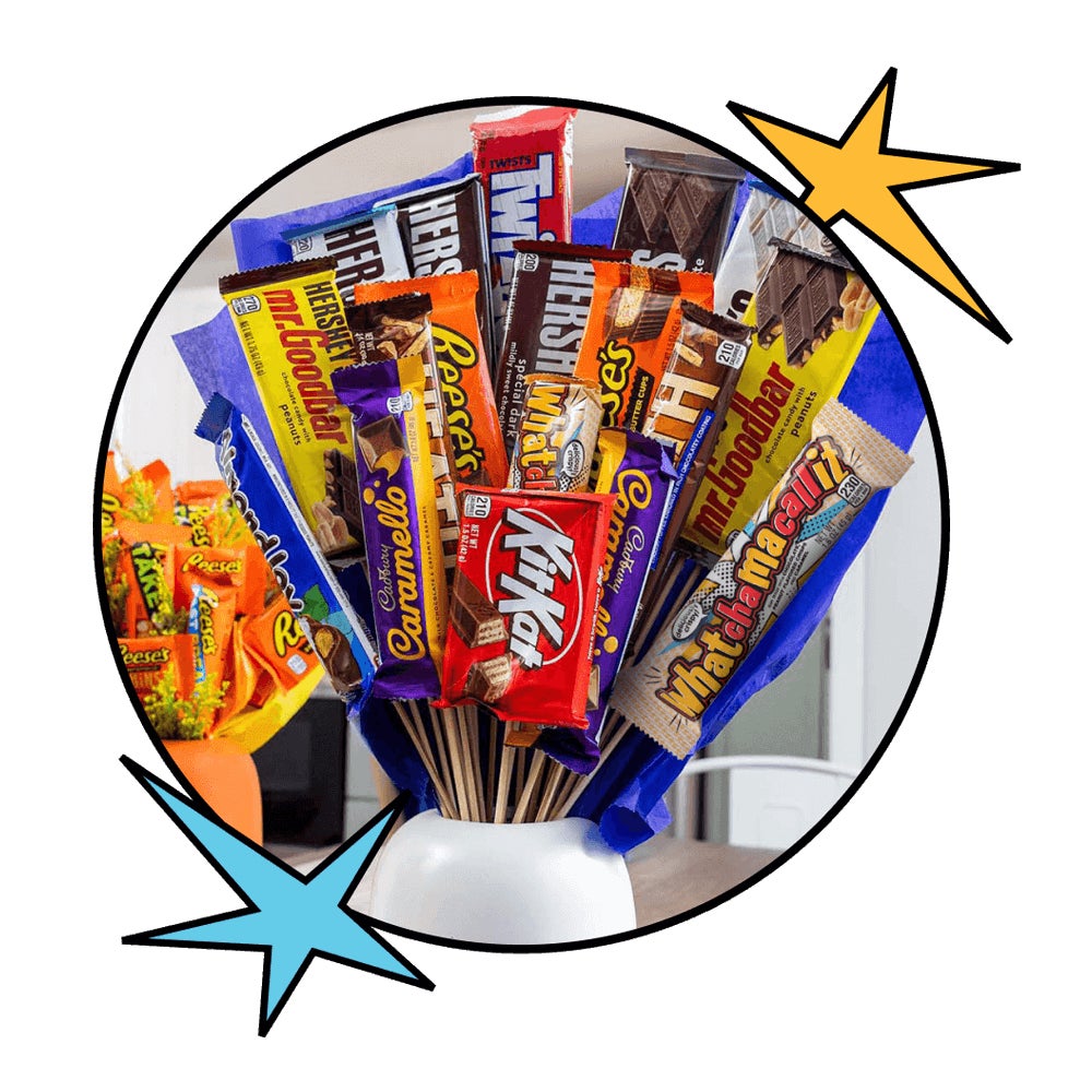 candy flower bouquet made from an assortment of hersheys full size candy bars