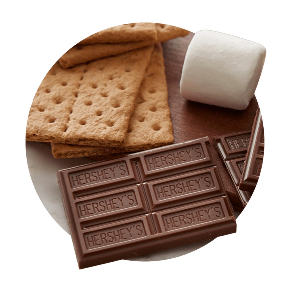 assortment of graham crackers, marshmallows, and hersheys milk chocolate candy bars