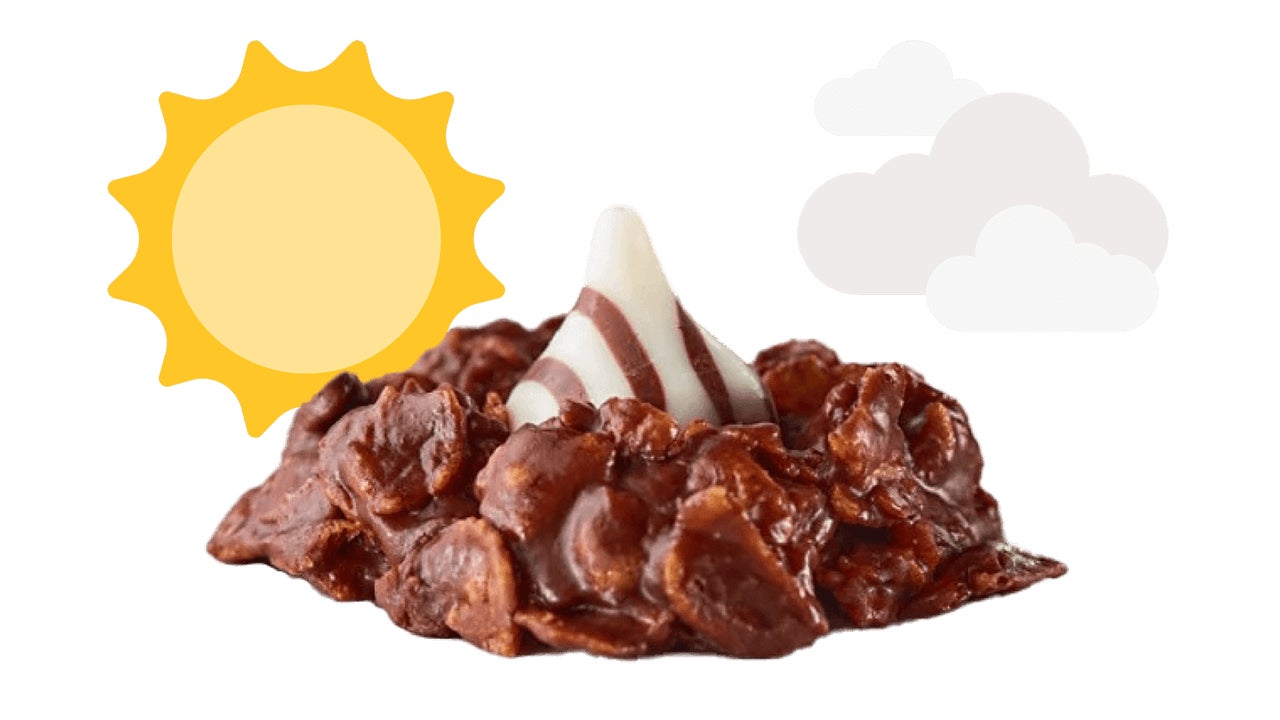sun and cloud illustrations paired with hersheys no bake peanut butter blossoms