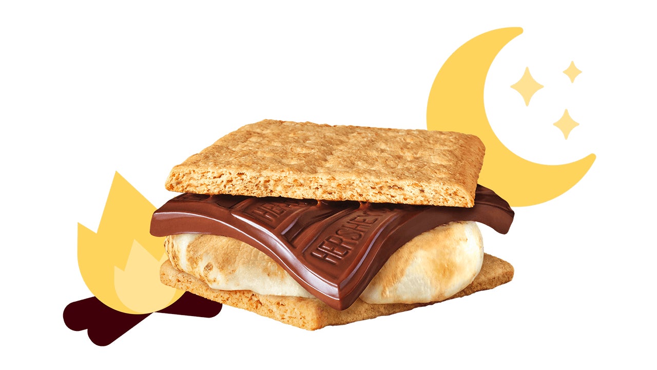 moon and campfire illustrations paired with hersheys classic smore