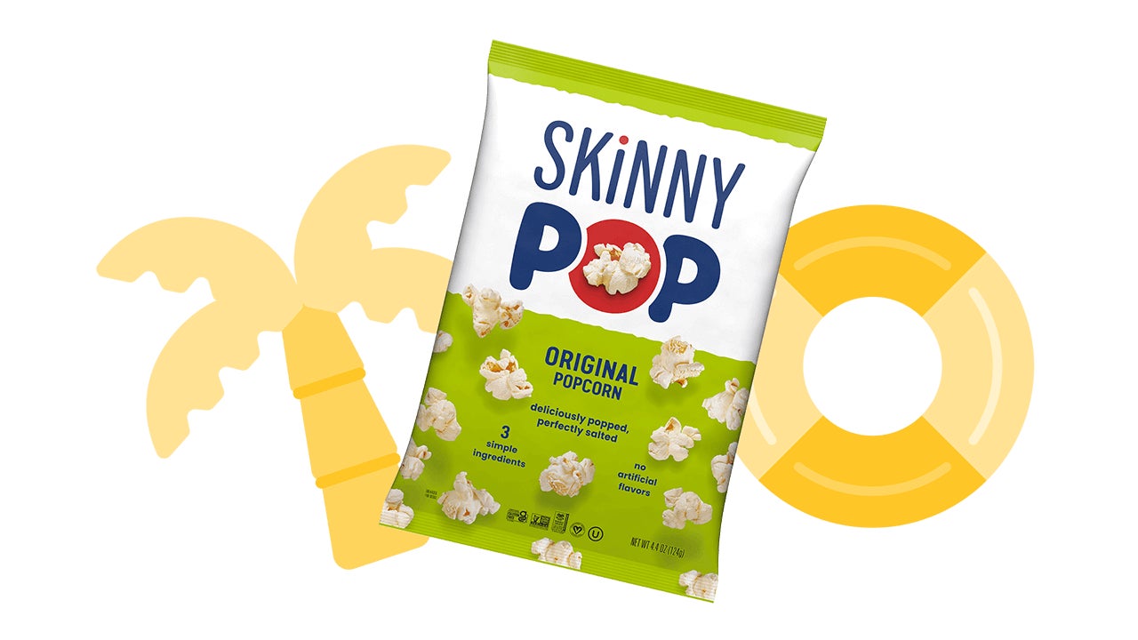 beach illustrations paired with bag of skinnypop original popcorn