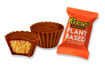 wrapped and unwrapped set of reeses plant based miniatures peanut butter cups