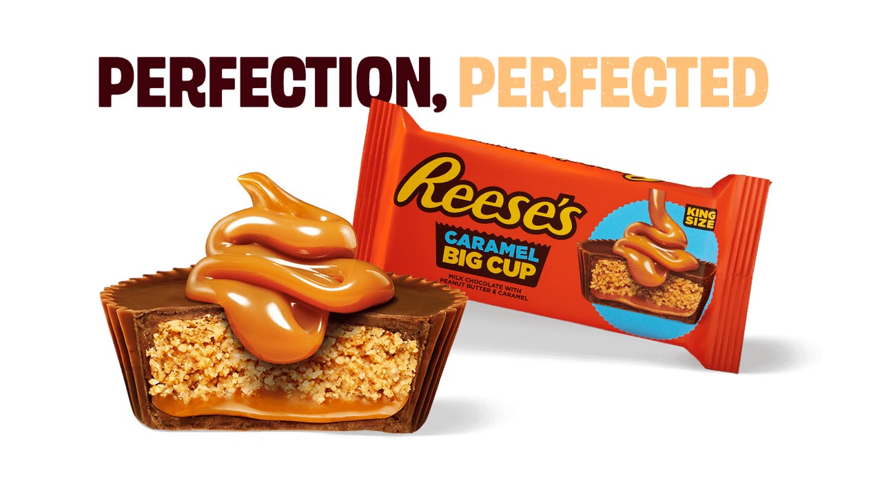 wrapped and unwrapped set of reeses caramel flavored milk chocolate peanut butter cups