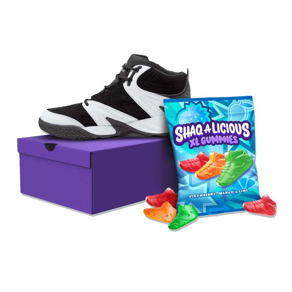 bag of shaqalicious xl gummies sneakers fruit flavors candy in front box of new sneakers