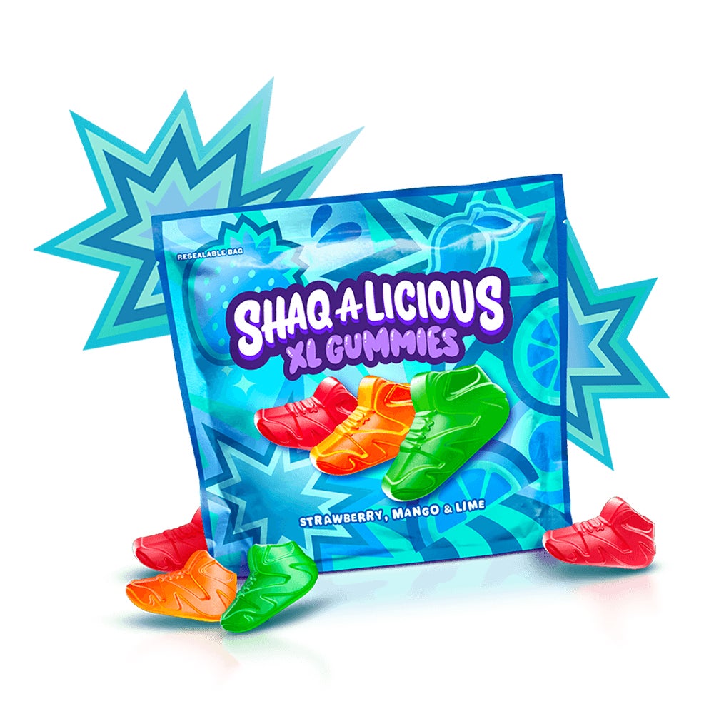 bag of shaqalicious xl gummies sneakers fruit flavors candy