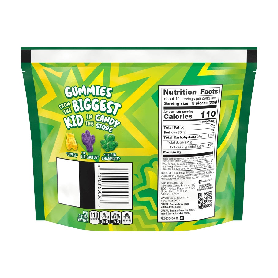 SHAQ-A-LICIOUS XL Gummies Sour Flavors Candy, 11.8 oz bag - Back of Package