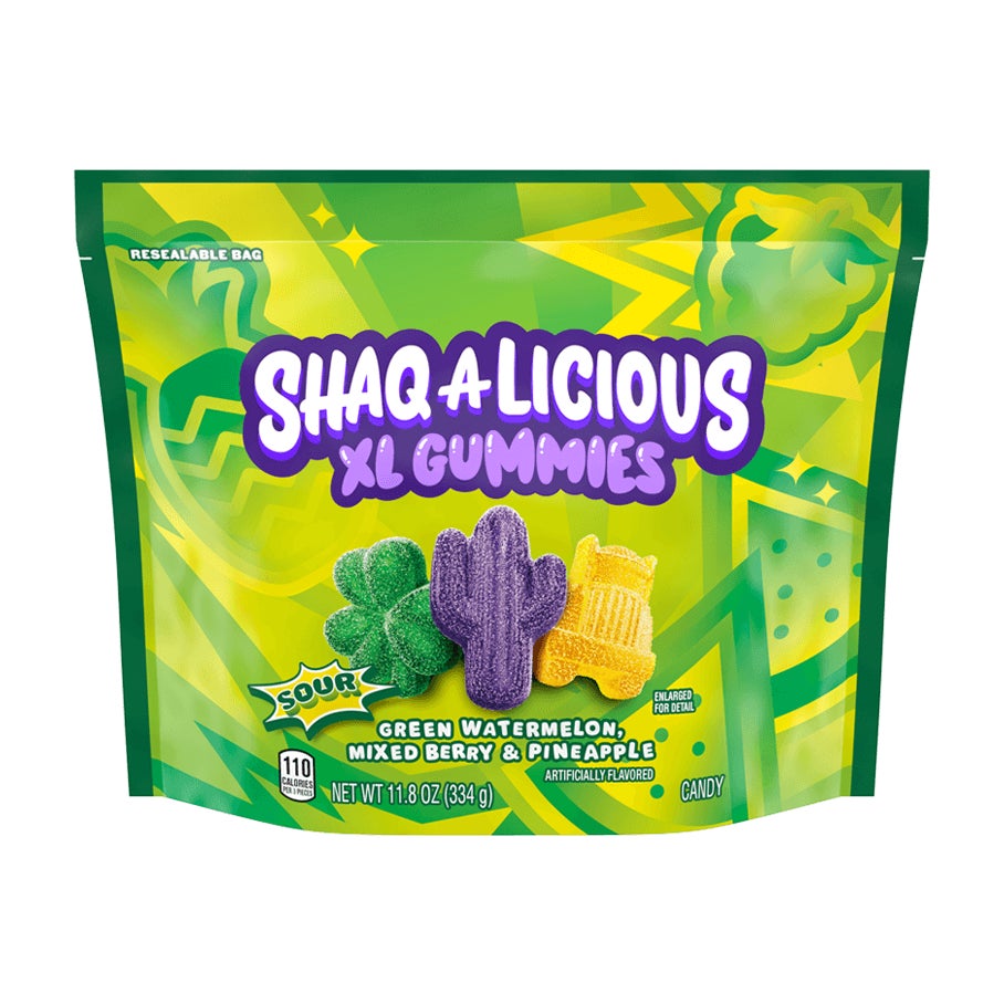 SHAQ-A-LICIOUS XL Gummies Sour Flavors Candy, 11.8 oz bag - Front of Package