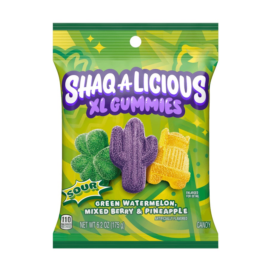 SHAQ-A-LICIOUS XL Gummies Sour Flavors Candy, 6.2 oz bag - Front of Package