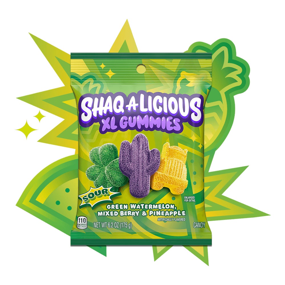 bag of shaqalicious xl gummies sour flavors candy on top of flavor burst pattern