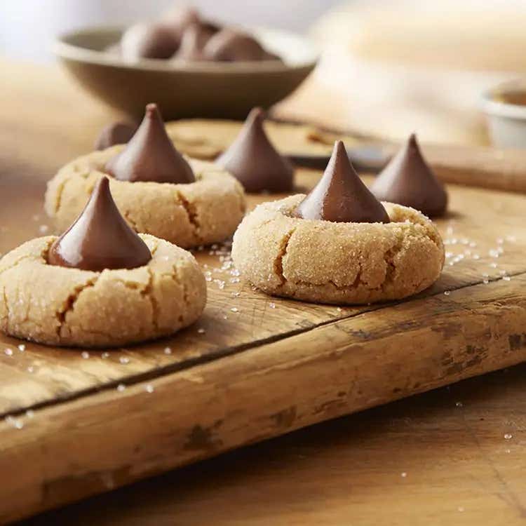 tray of hersheys kisses peanut butter blossoms
