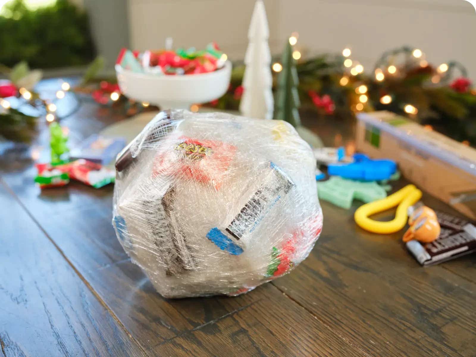 hershey candy wrapped in ball of cling wrap